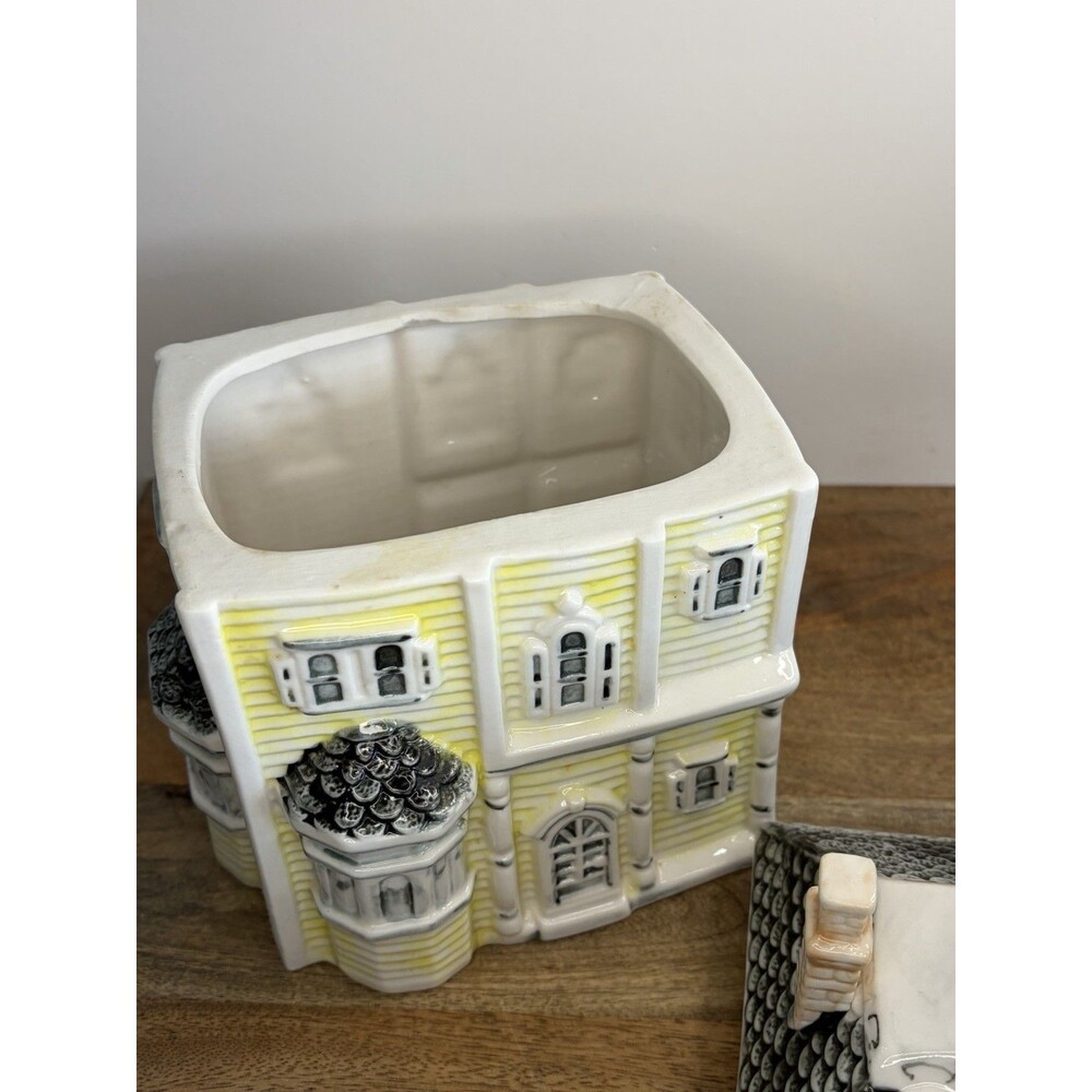 Victorian House Cookie Jar Canister Yellow Gray Vintage - Picture 7 of 14